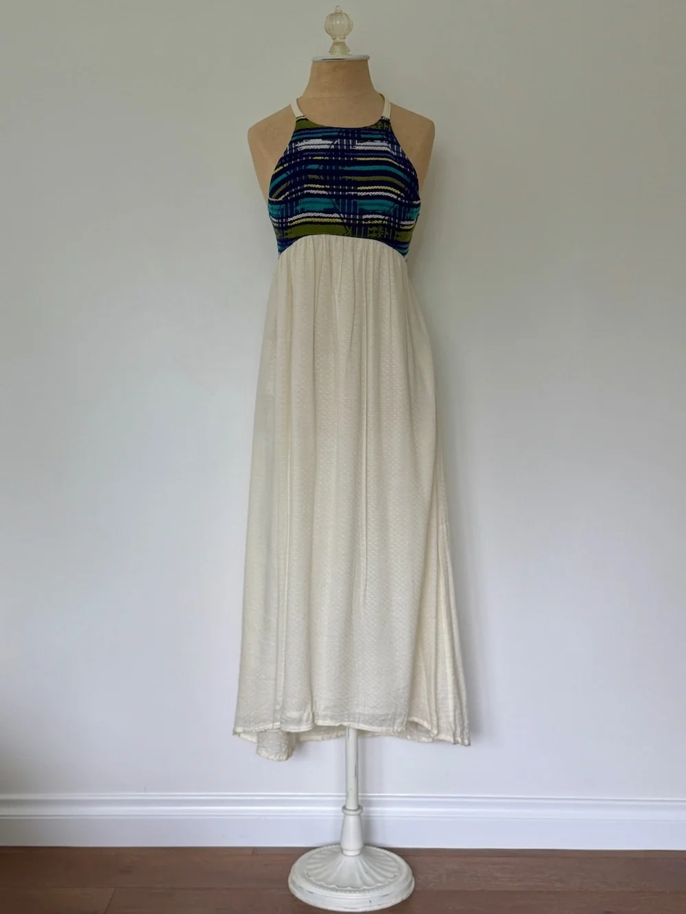 Roxy Cream Maxi Dress with Blue and Green Patterned Bodice